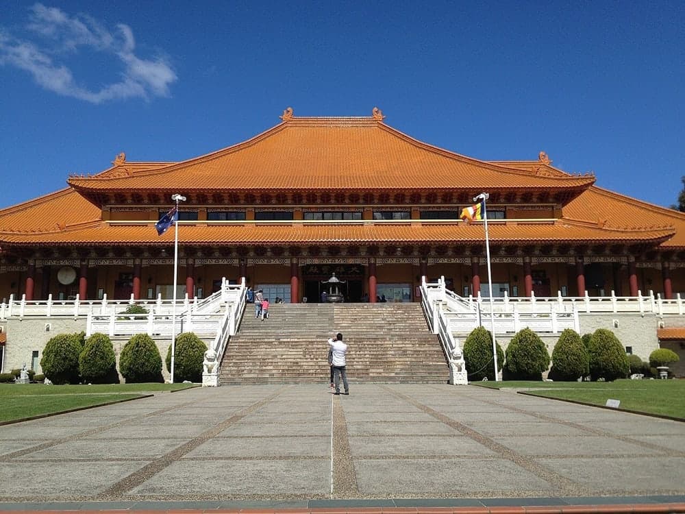 The main hall of Nan Tien Temple in Wollongong, Australia, above its front steps